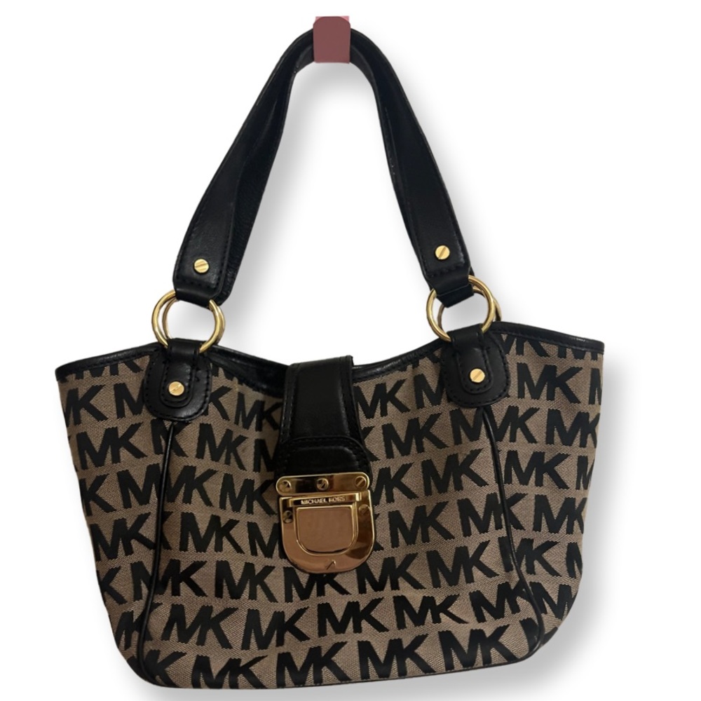 Michael Kors Signature Tan Canvas & Black Leather Monogram MK Shoulder Bag